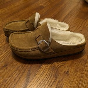 Birkenstock Buckley Shearling Suede Leather Buckle Brown Loafer Slides Sze 38
